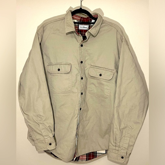 LL Bean Jacket Shacket Mens L Tan Flannel Line Hurricane Shirt Overshirt (E) - Picture 1 of 11